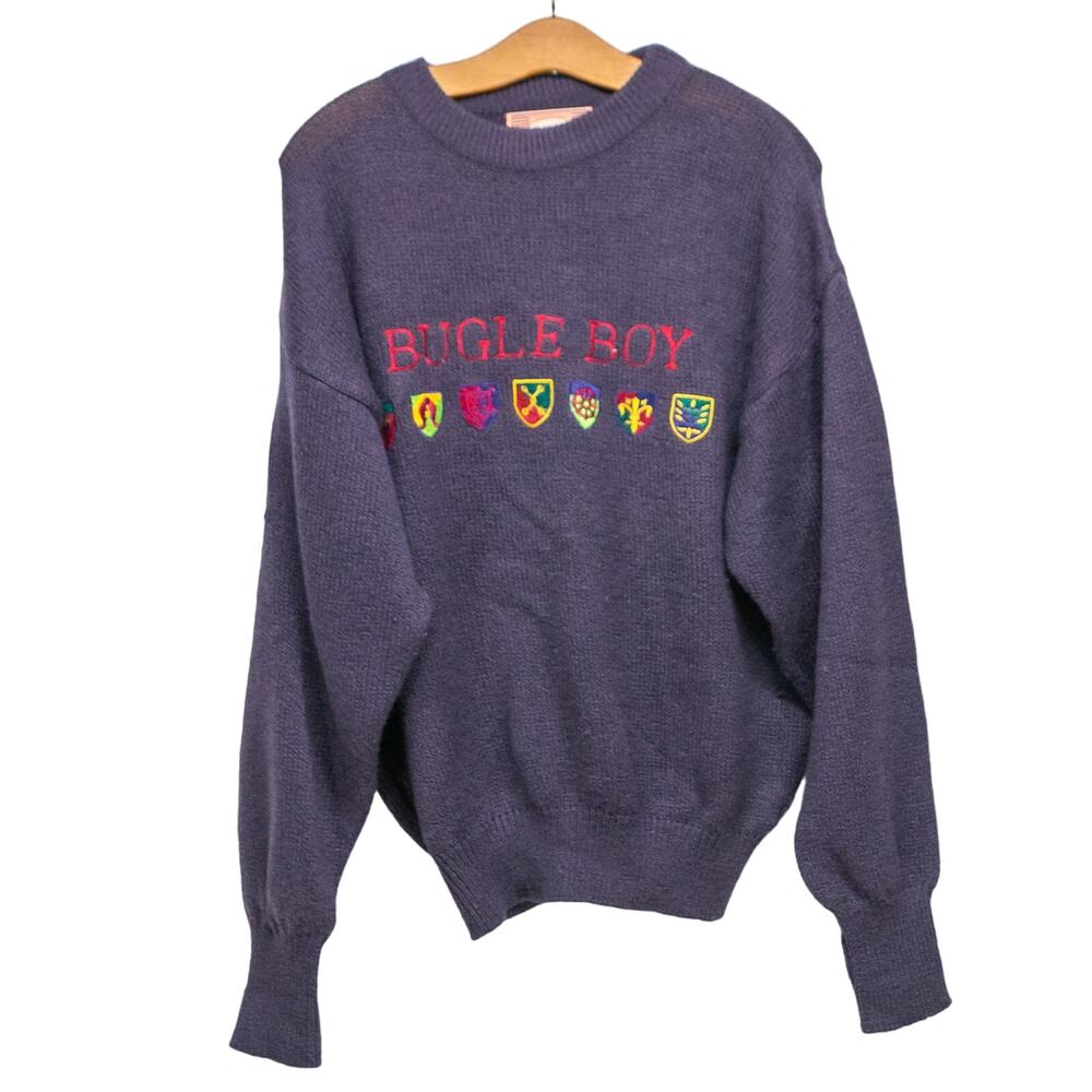VTG Bugle Boy Pullover Sweater Mens Knit Blue Spellout Multi-Crest Graphic